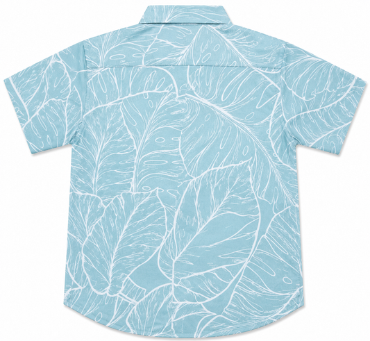 Boys Blue Tropical Leaf Short Sleeve Shirt – Cotton Button-Down