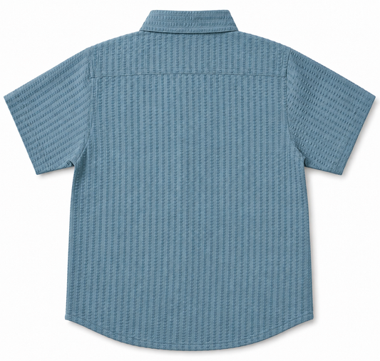 Boys Dusty Blue Textured Short Sleeve Shirt – Cotton Button-Down with Pocket