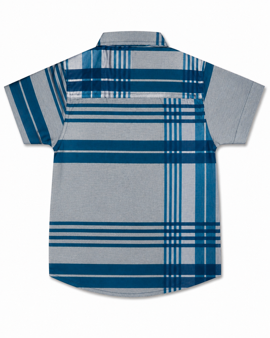 Boys Blue & Grey Checked Short Sleeve Shirt – Cotton Plaid Button-Down