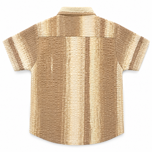 Boys Beige Textured Stripe Short Sleeve Shirt – Cotton Button-Down with Pockets