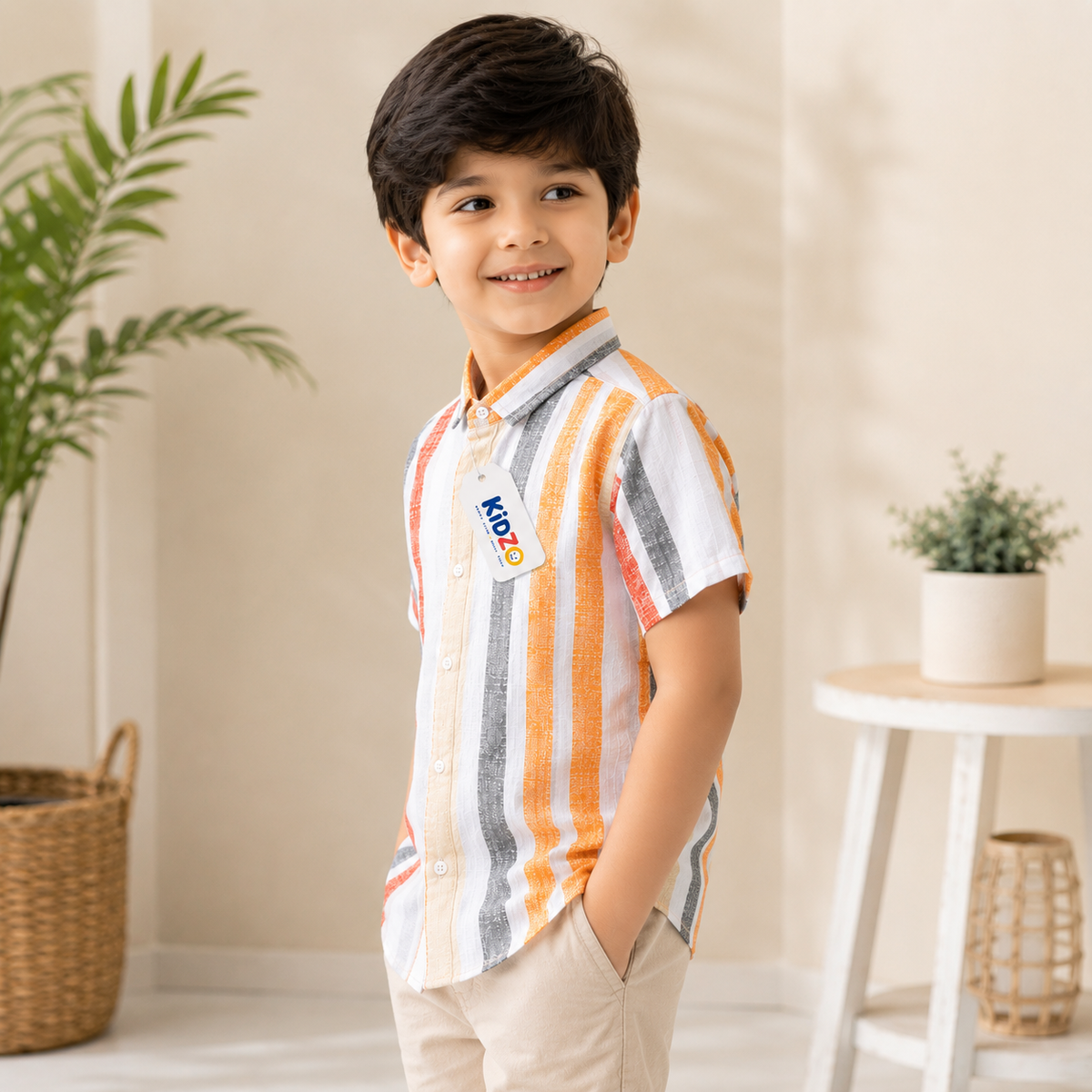 Boys Striped Short Sleeve Casual Shirt - Orange and white