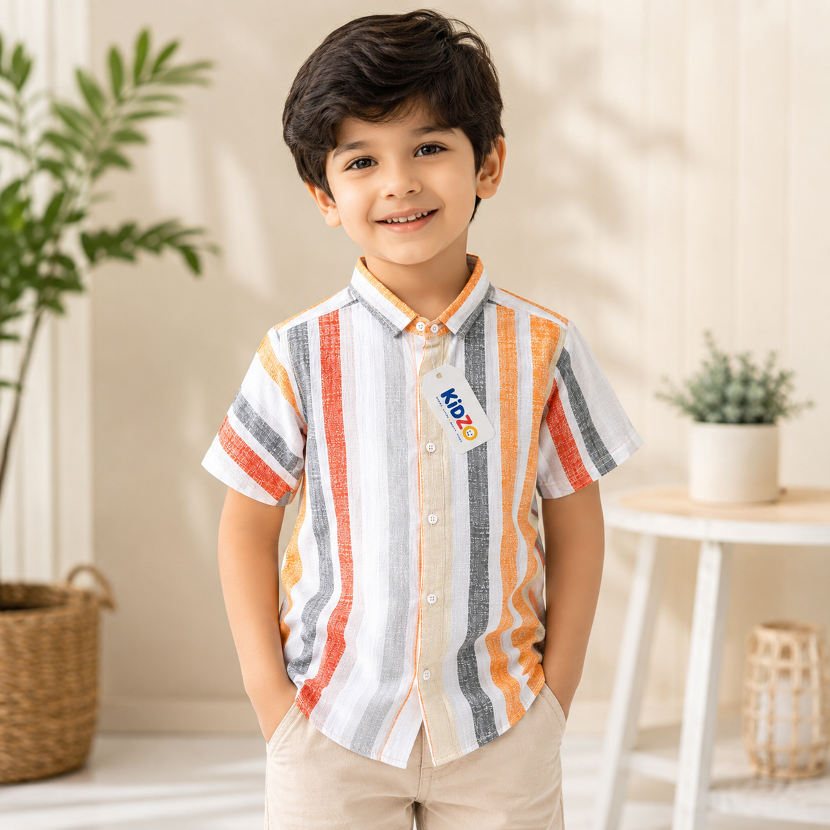 Boys Striped Short Sleeve Casual Shirt - Orange and white