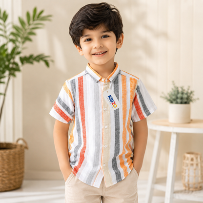 Boys Striped Short Sleeve Casual Shirt - Orange and white
