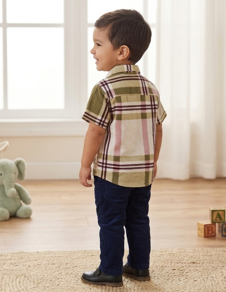 Boys Olive Green Checked Short Sleeve Shirt – Cotton Plaid Button-Down