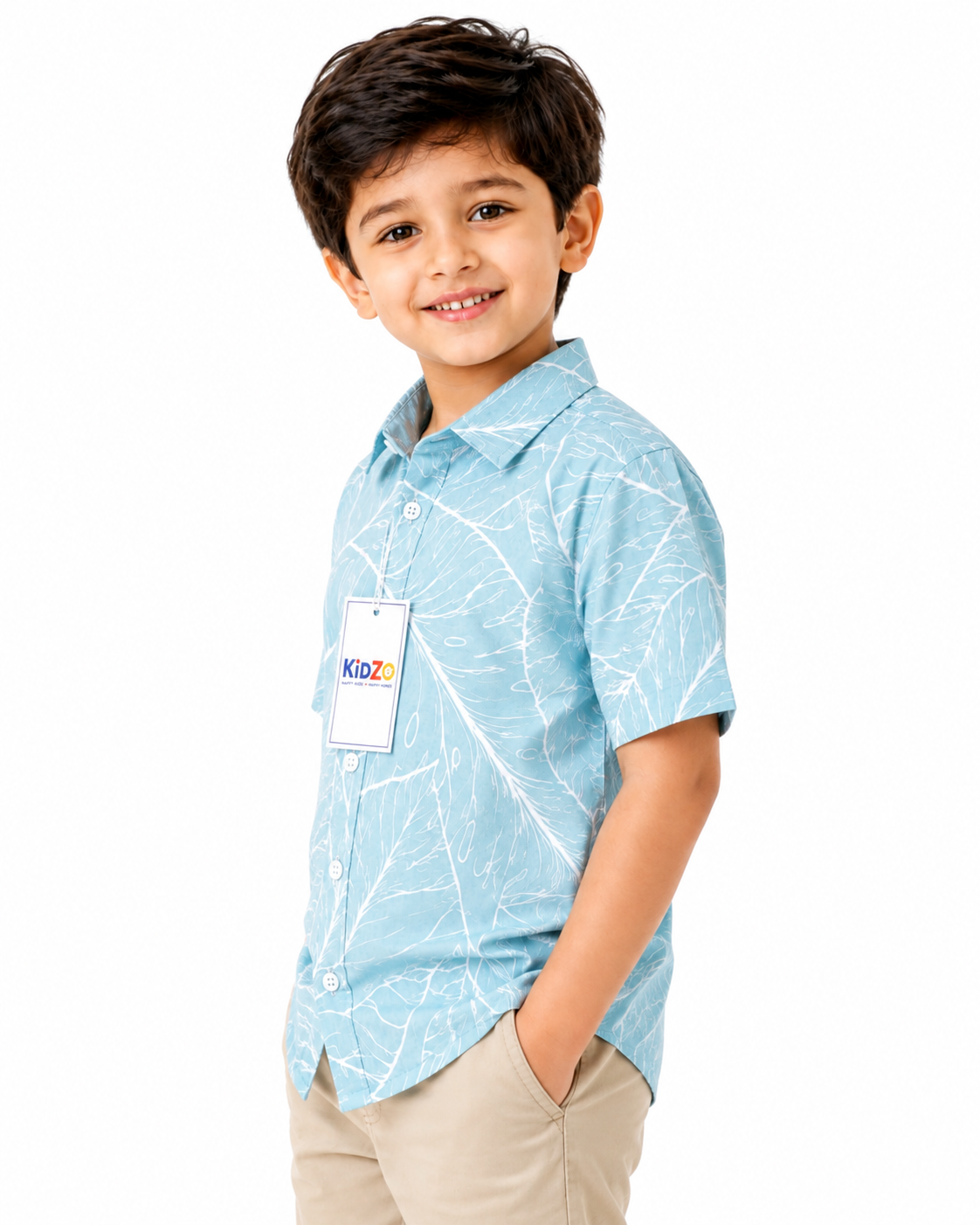 Boys Blue Tropical Leaf Short Sleeve Shirt – Cotton Button-Down