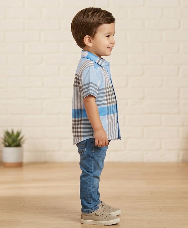 Boys Blue & White Checked Short Sleeve Shirt – Cotton Plaid Button-Down