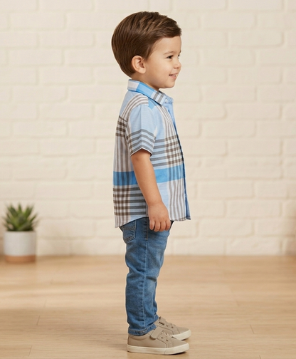 Boys Blue & White Checked Short Sleeve Shirt – Cotton Plaid Button-Down