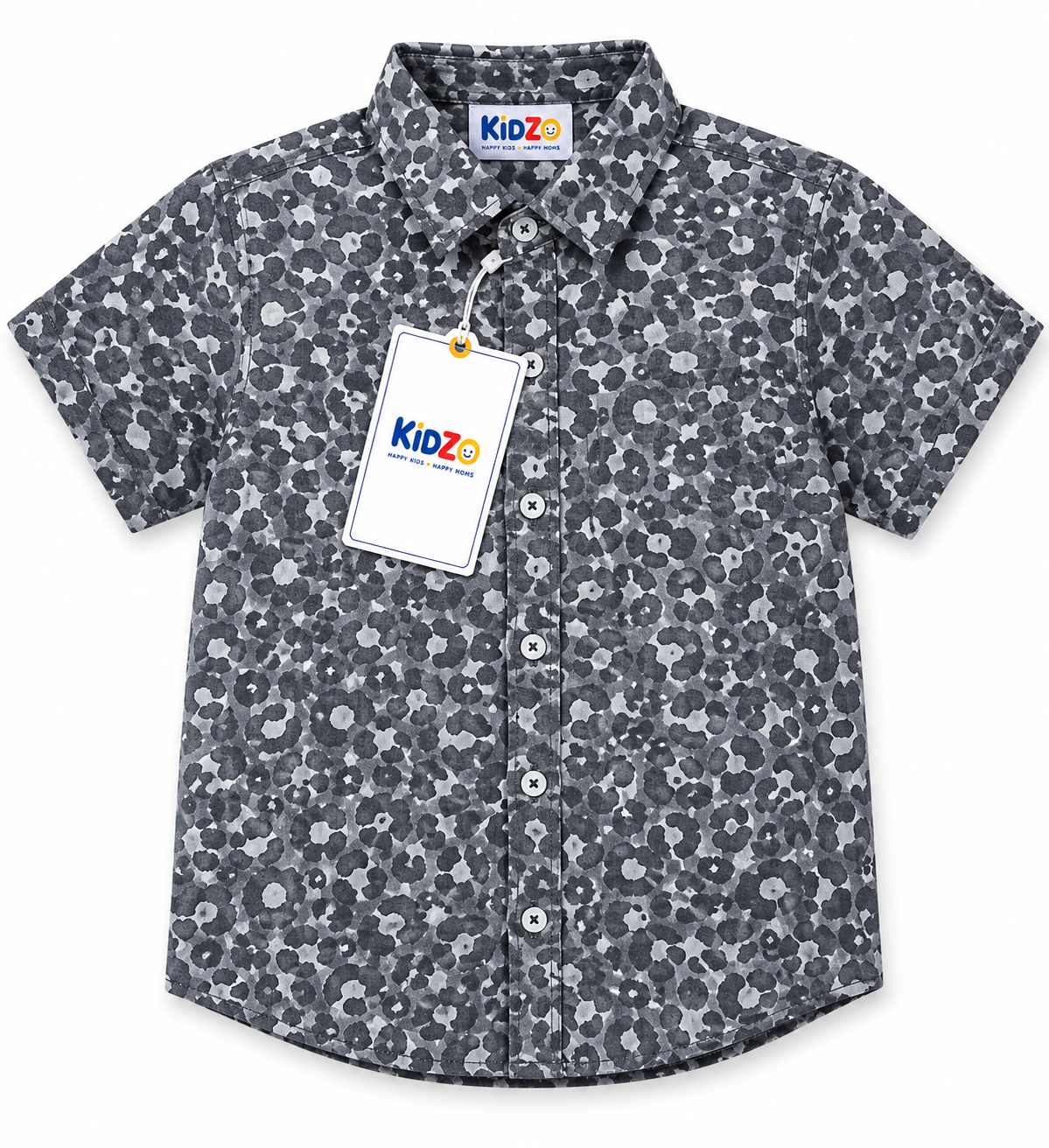 Boys Grey Floral Print Short Sleeve Shirt – Cotton Button-Down