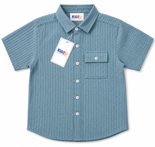 Boys Dusty Blue Textured Short Sleeve Shirt – Cotton Button-Down with Pocket