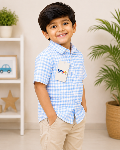 Boys Blue Gingham Short Sleeve Shirt – Summer Cotton Button-Down