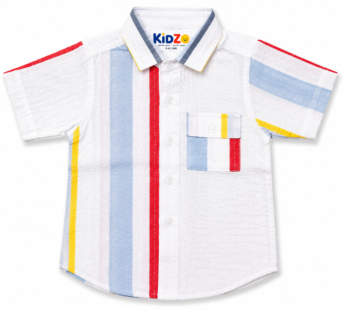 Boys White Multi-Stripe Short Sleeve Shirt – Cotton Button-Down with Pocket
