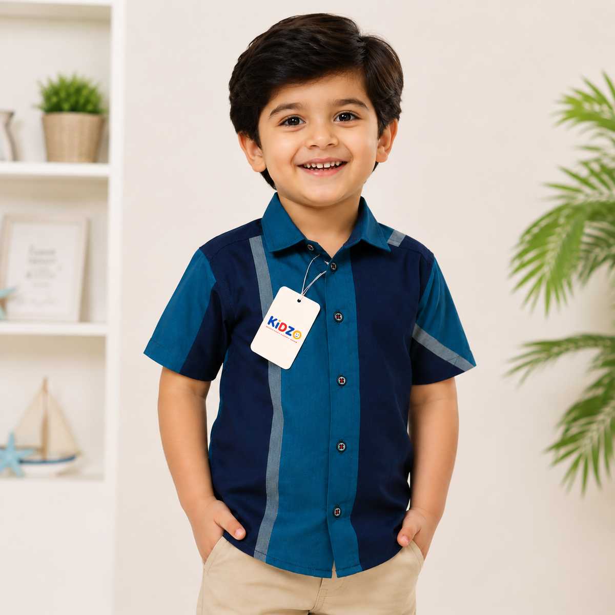 Boys Navy & Teal Colour Block Short Sleeve Shirt – Cotton Button-Down