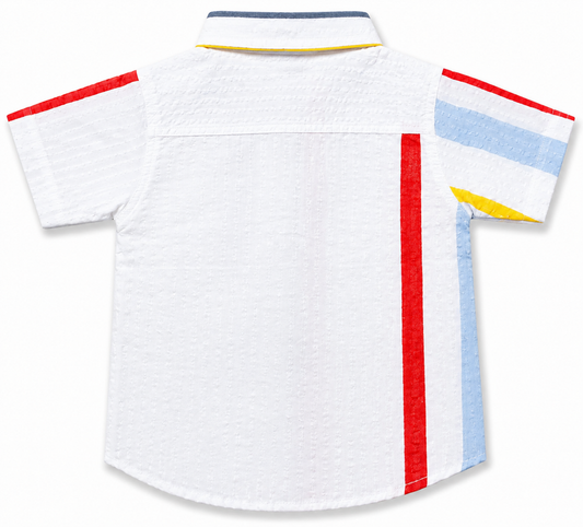 Boys White Multi-Stripe Short Sleeve Shirt – Cotton Button-Down with Pocket