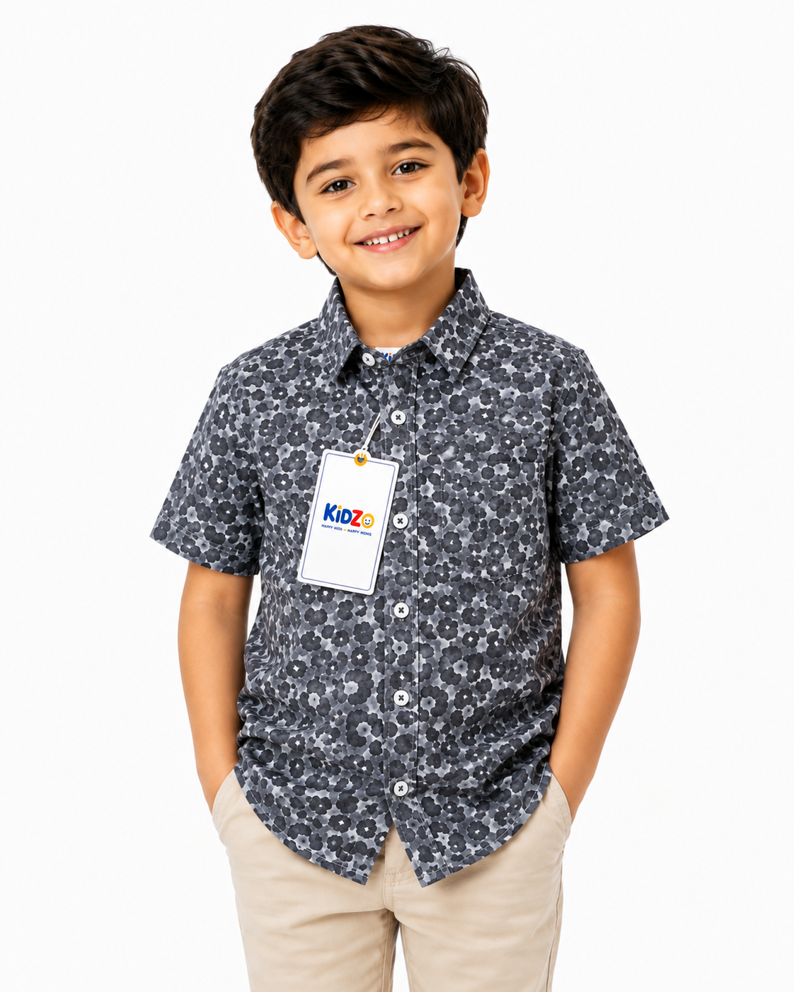 Boys Grey Floral Print Short Sleeve Shirt – Cotton Button-Down
