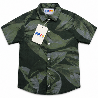 Boys Green Tropical Leaf Short Sleeve Shirt – Summer Cotton Button-Down