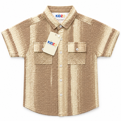 Boys Beige Textured Stripe Short Sleeve Shirt – Cotton Button-Down with Pockets