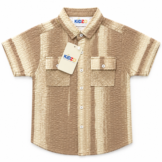 Boys Beige Textured Stripe Short Sleeve Shirt – Cotton Button-Down with Pockets