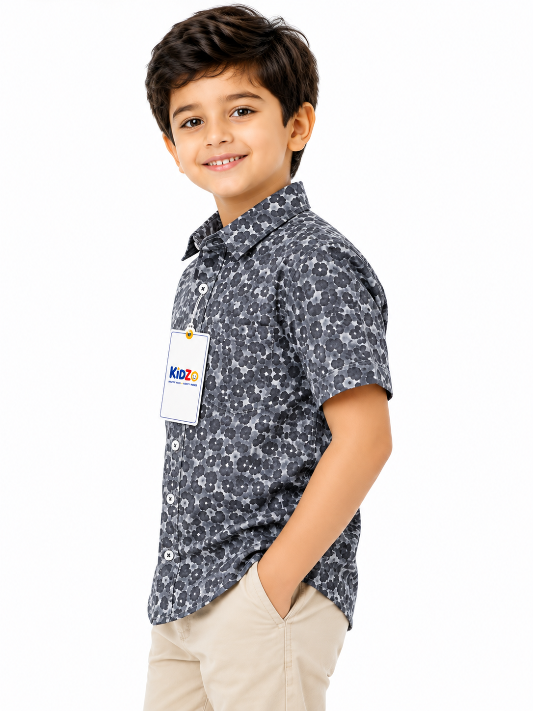 Boys Grey Floral Print Short Sleeve Shirt – Cotton Button-Down
