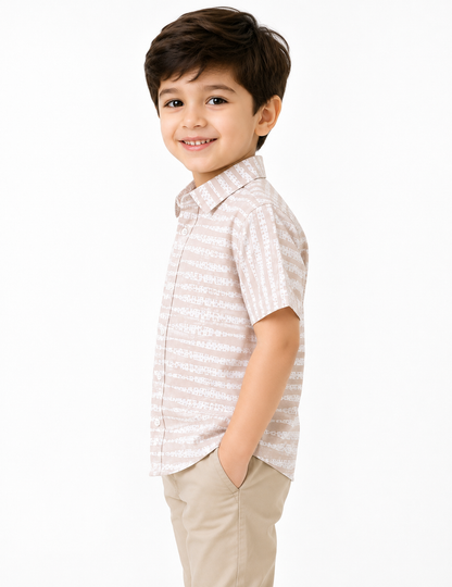 Boys Beige Abstract Stripe Short Sleeve Shirt – Cotton Button-Down
