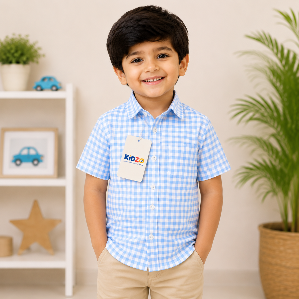 Boys Blue Gingham Short Sleeve Shirt – Summer Cotton Button-Down
