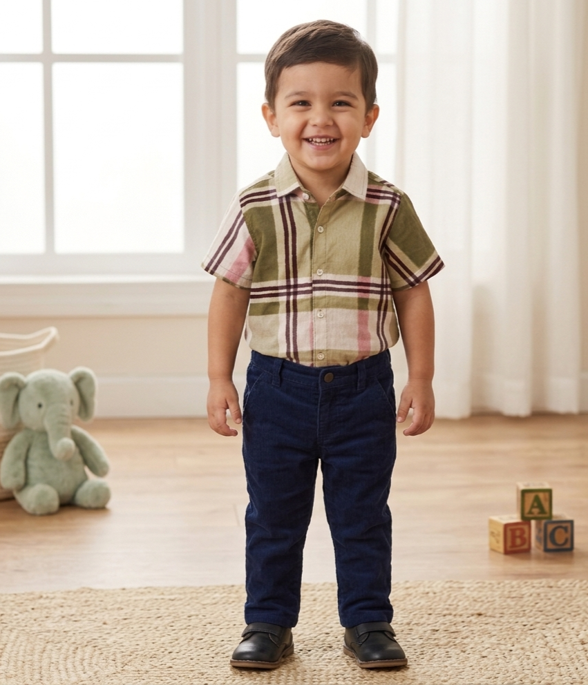 Boys Olive Green Checked Short Sleeve Shirt – Cotton Plaid Button-Down
