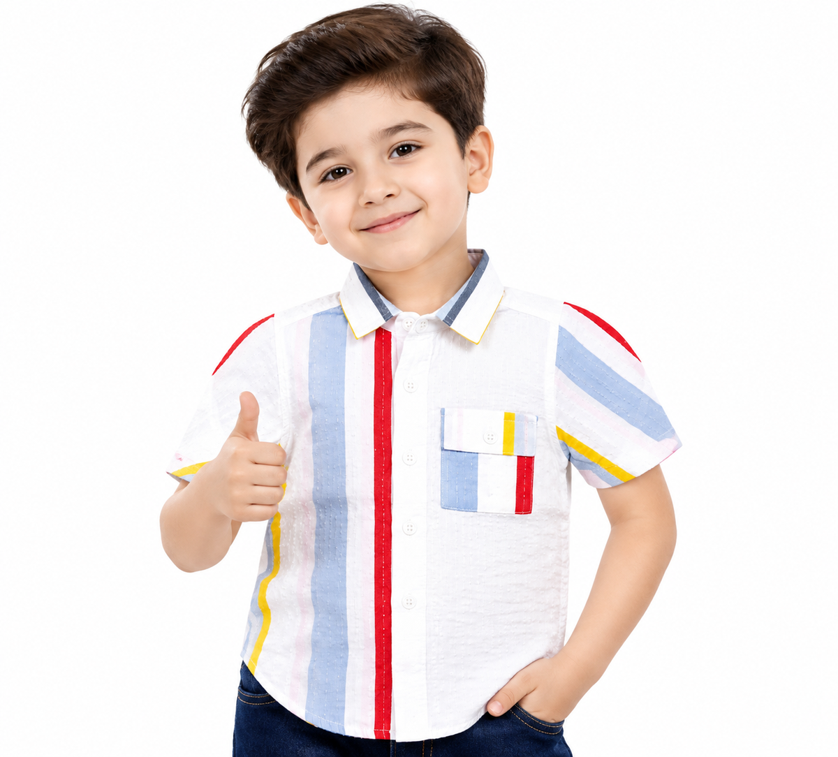 Boys White Multi-Stripe Short Sleeve Shirt – Cotton Button-Down with Pocket