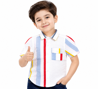 Boys White Multi-Stripe Short Sleeve Shirt – Cotton Button-Down with Pocket