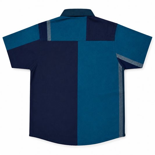 Boys Navy & Teal Colour Block Short Sleeve Shirt – Cotton Button-Down