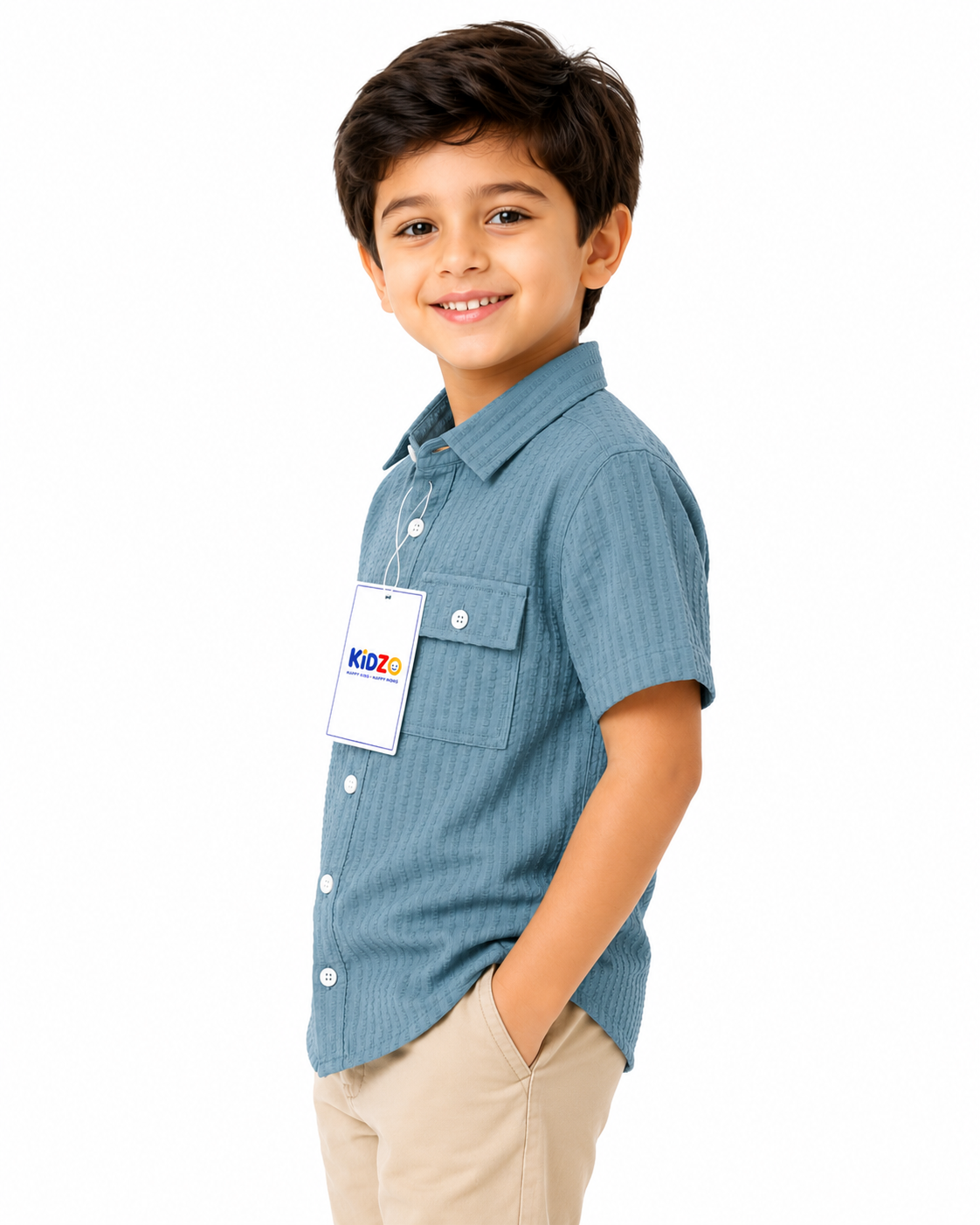 Boys Dusty Blue Textured Short Sleeve Shirt – Cotton Button-Down with Pocket