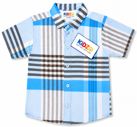 Boys Blue & White Checked Short Sleeve Shirt – Cotton Plaid Button-Down