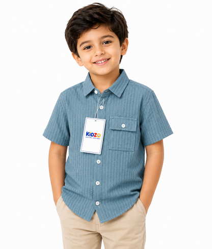 Boys Dusty Blue Textured Short Sleeve Shirt – Cotton Button-Down with Pocket