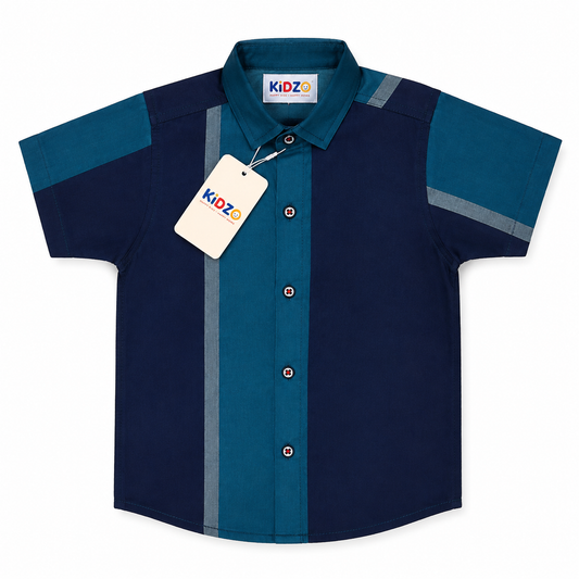 Boys Navy & Teal Colour Block Short Sleeve Shirt – Cotton Button-Down