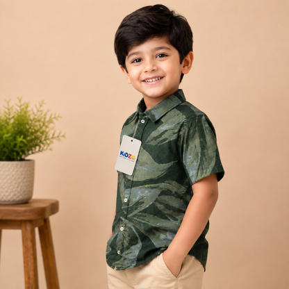 Boys Green Tropical Leaf Short Sleeve Shirt – Summer Cotton Button-Down