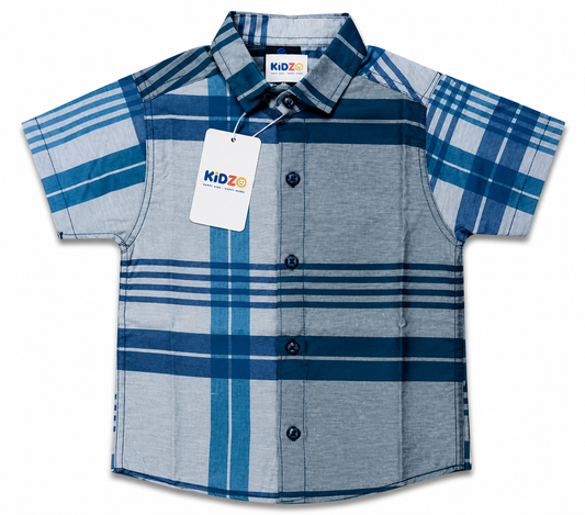 Boys Blue & Grey Checked Short Sleeve Shirt – Cotton Plaid Button-Down