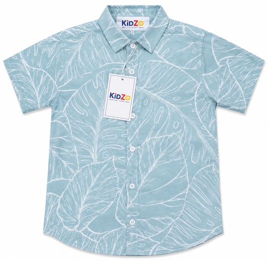 Boys Blue Tropical Leaf Short Sleeve Shirt – Cotton Button-Down
