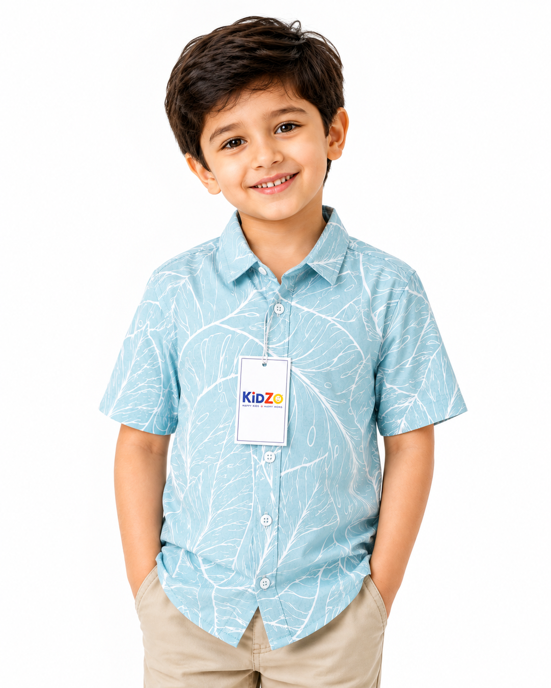 Boys Blue Tropical Leaf Short Sleeve Shirt – Cotton Button-Down