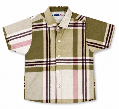 Boys Olive Green Checked Short Sleeve Shirt – Cotton Plaid Button-Down