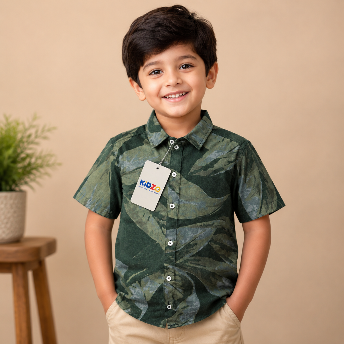Boys Green Tropical Leaf Short Sleeve Shirt – Summer Cotton Button-Down