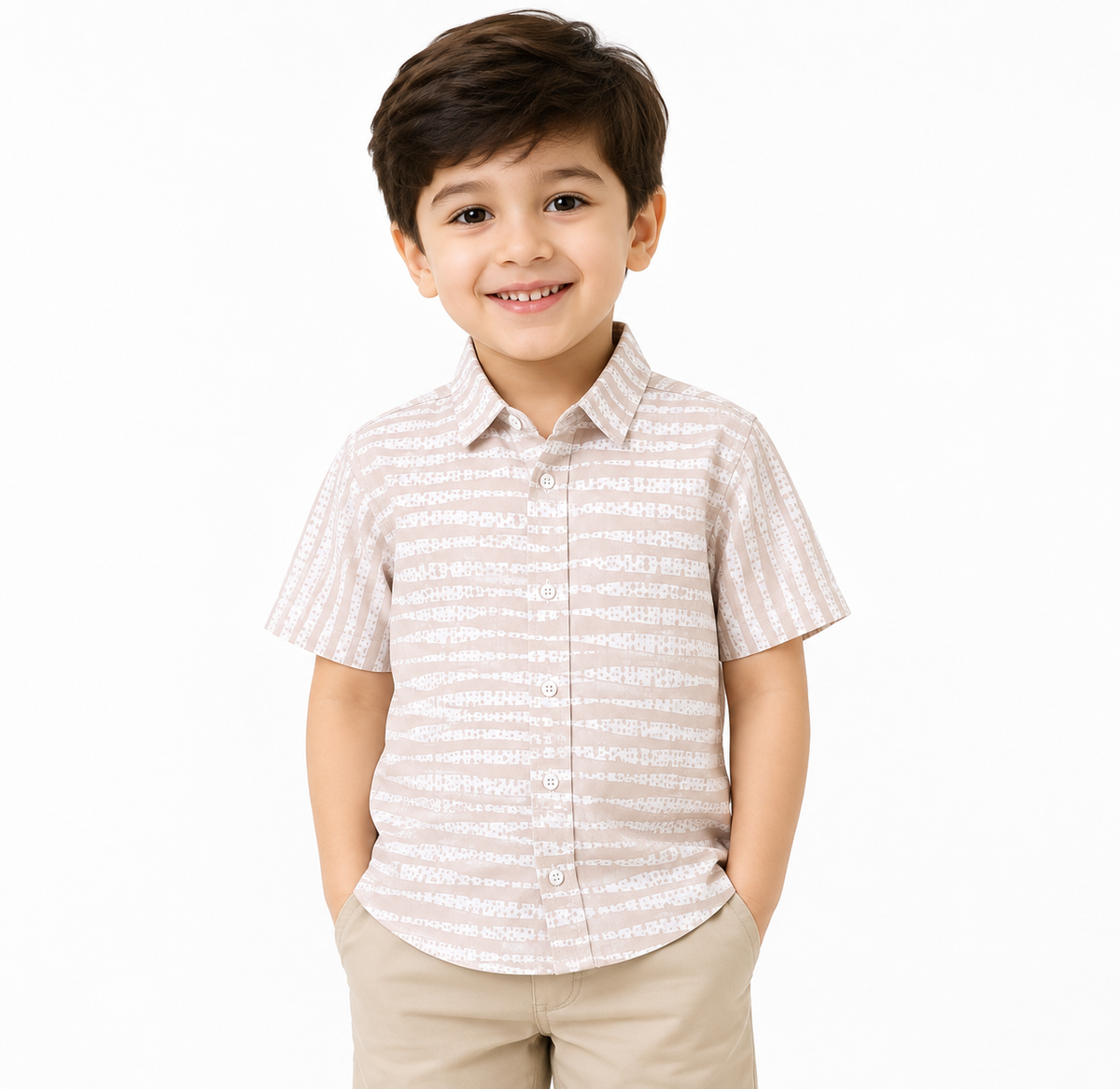 Boys Beige Abstract Stripe Short Sleeve Shirt – Cotton Button-Down
