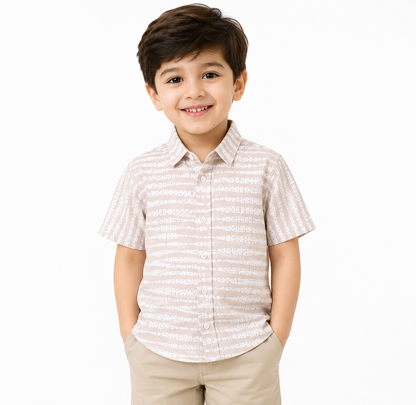 Boys Beige Abstract Stripe Short Sleeve Shirt – Cotton Button-Down