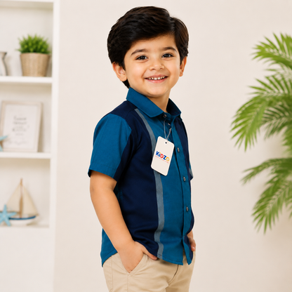 Boys Navy & Teal Colour Block Short Sleeve Shirt – Cotton Button-Down