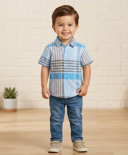 Boys Blue & White Checked Short Sleeve Shirt – Cotton Plaid Button-Down